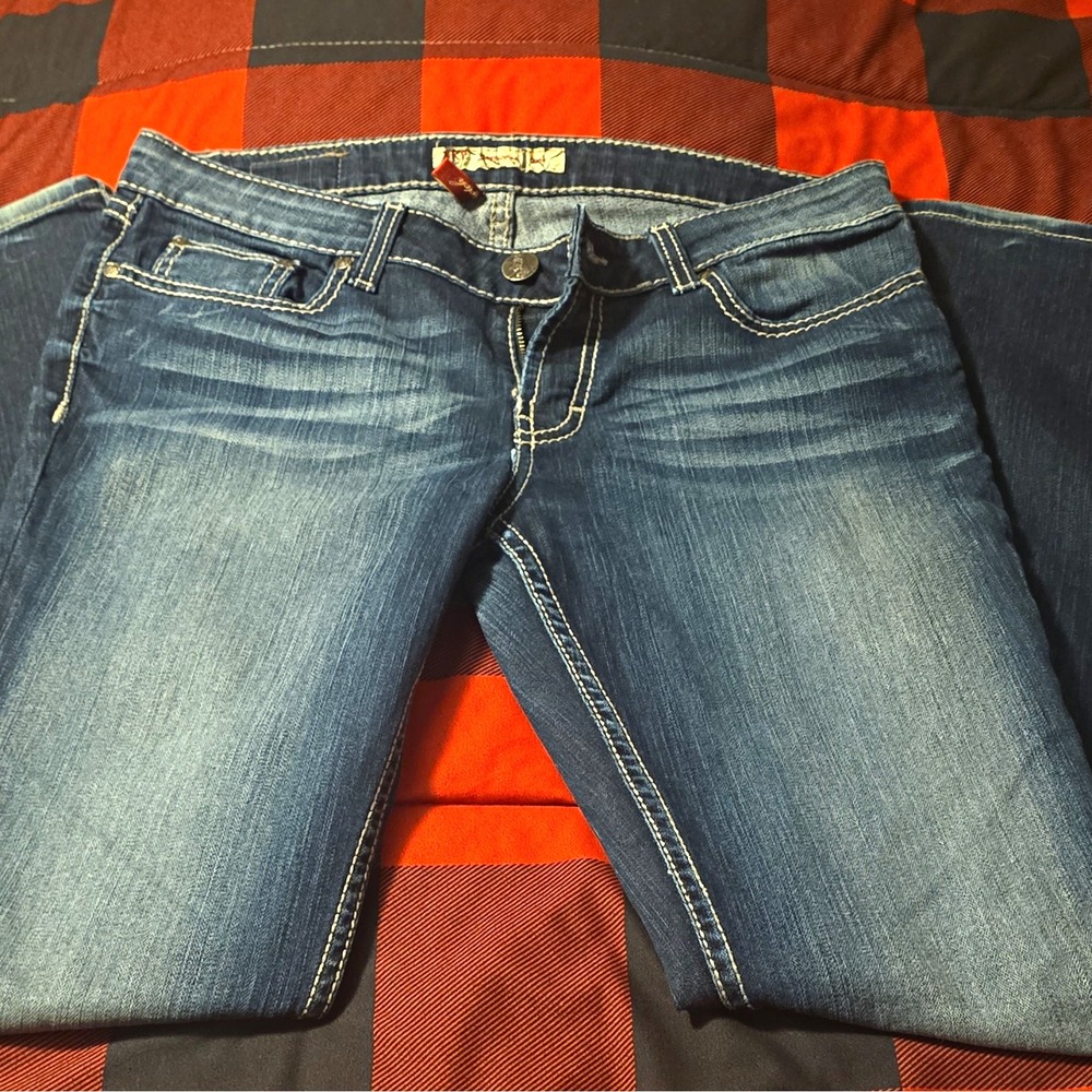 BKE Womens Blue Medium Wash Bootcut Slim Fit Jeans, Low Rise Stretch 31 X 31.5